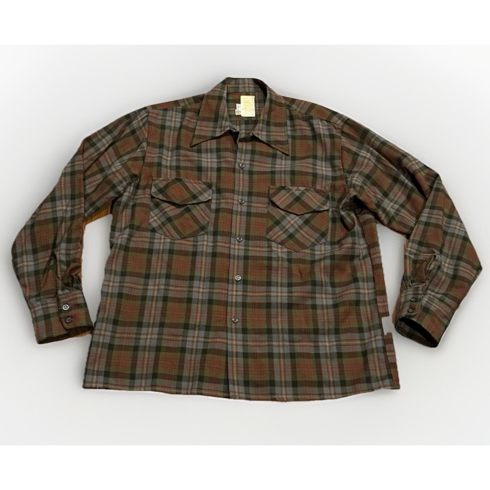 Vintage 60s Hudson Bay Plaid Flannel Board Shirt L Wool Western Lobo Flap Pocket